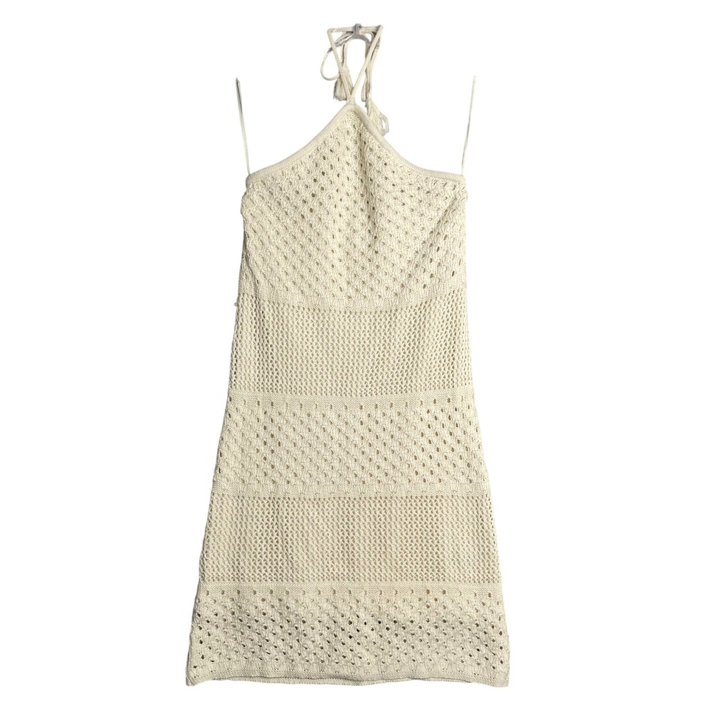 Old Navy Halter Crochet Mini Dress Womens M Cozy Cashmere Cream Boho Beachy